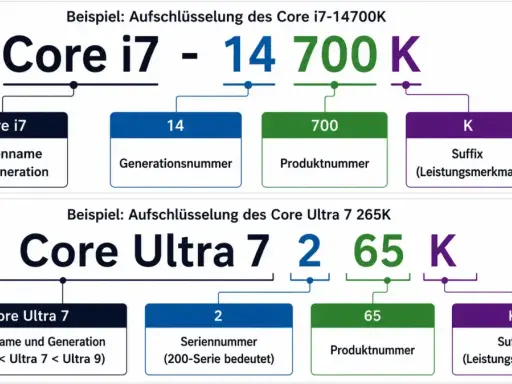 Intel Core i7 und Core Ultra Prozessoren für Windows 11 erklärt: Generation, Produktnummer und Leistungsmerkmale.