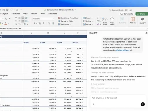 ChatGPT analysiert eine Excel-Tabelle mit Finanzdaten, um eine Brücke von EBITDA zu Free Cashflow zu erstellen.
