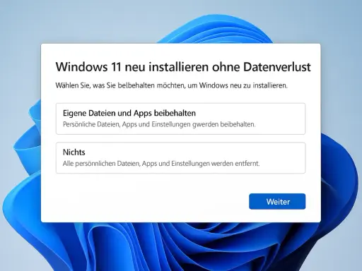 Fenster mit Optionen zur Neuinstallation von Windows 11. Man kann wählen, ob eigene Dateien und Apps beibehalten oder alles gelöscht werden soll. Dies ist ein Schritt, um einen Windows-Neustart zu erzwingen.