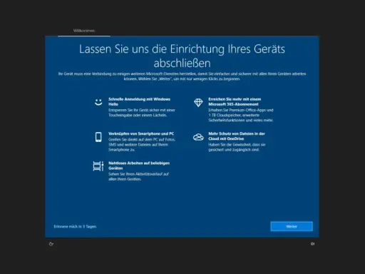 Einrichtung von Windows 11 auf einem Tablet. Schnelle Anmeldung, Smartphone-Verknüpfung, Microsoft 365 und OneDrive-Schutz werden angeboten.