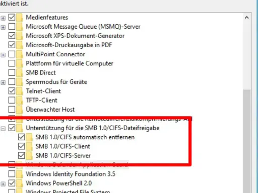 Windows 11: SMB 1.0/CIFS-Unterstützung aktivieren für Dateifreigaben. Hier werden die Optionen für SMB 1.0/CIFS-Client und -Server angezeigt.