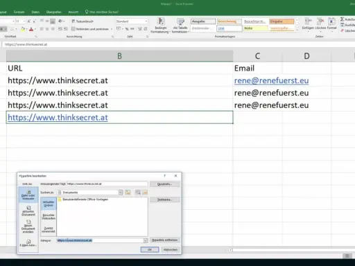 Excel-Tabelle mit Namen und E-Mail-Adressen. Ein Dialogfeld zur Bearbeitung von excel links ist geöffnet und zeigt die URL https://www.thinksecret.at.