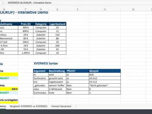 Excel-Tabelle zeigt XVERWEIS (XLOOKUP) mit Produktdatenbank und Beispielen. Suchbegriffe wie "1002" und "499 €" werden demonstriert.