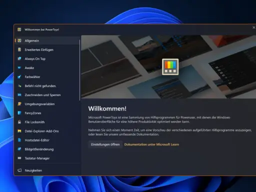 Microsoft PowerToys: Willkommensfenster mit Liste von Tools wie FancyZones, Awake und Farb-wähler. Optimiert die Windows-Oberfläche für Poweruser.