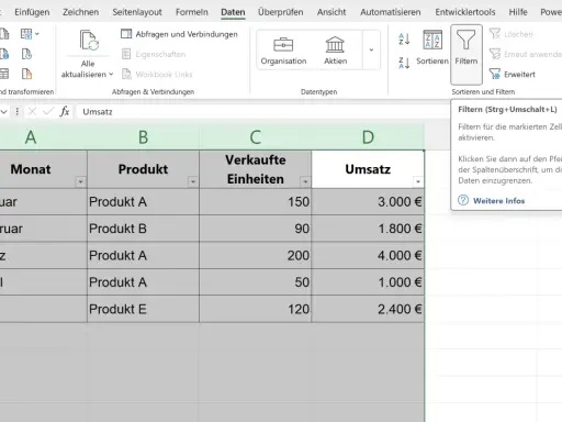 Excel-Tabelle mit aktivierter excel filter funktion. Daten zu Verkauf und Umsatz werden angezeigt.