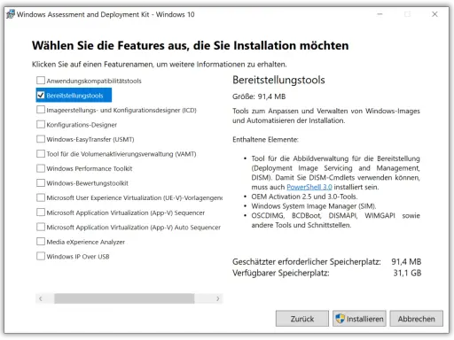 Auswahl von "Bereitstellungstools" für die Erstellung eines winpe iso. Enthält Tools für Imageverwaltung und Automatisierung.