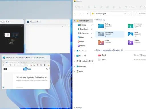 Windows 11 zeigt geöffnete Programme an. Hier wird gezeigt, wie man die Funktion "Windows 11 Fenster anordnen deaktivieren" kann, um die Übersicht zu behalten.