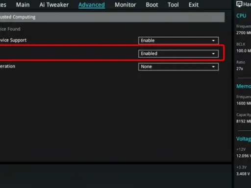 BIOS-Einstellungen: TPM State auf "Enabled" gesetzt, um Windows 11 zu ermöglichen.