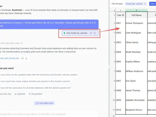 Excel-Assistent teilt E-Mail-Adressen auf, um Benutzernamen und Domains zu extrahieren.