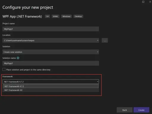 Konfiguration eines neuen WPF-Projekts. Auswahl des .NET Framework 4.8 als Ziel.