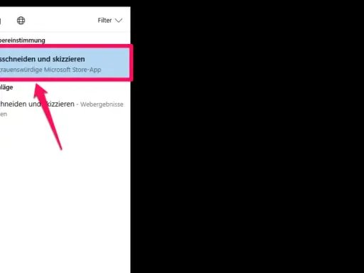 Windows Suche zeigt "Ausschneiden und skizzieren" als beste Übereinstimmung. Ein Pfeil deutet auf die App.