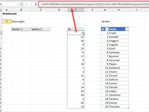 Excel-Formel für einen zufälligen Wettkampf-Generator. Die Formel sortiert Spieler zufällig.