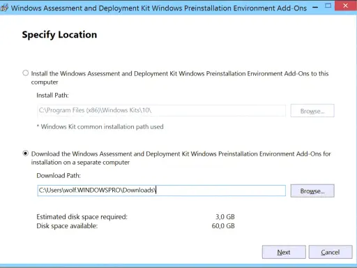 Installationsdialog für das Windows Assessment and Deployment Kit. Wahl zwischen lokaler Installation oder Download für separate Computer.