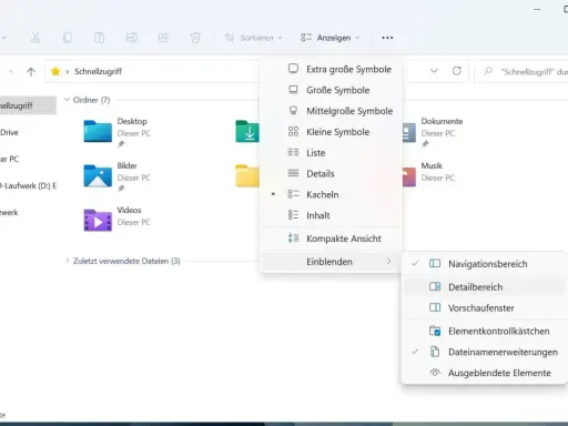 Windows 11 Explorer: Favoriten anzeigen. Menü "Anzeigen" öffnet Optionen für Ansicht, Details und Einblendung von Elementen wie Navigations- und Detailbereich.