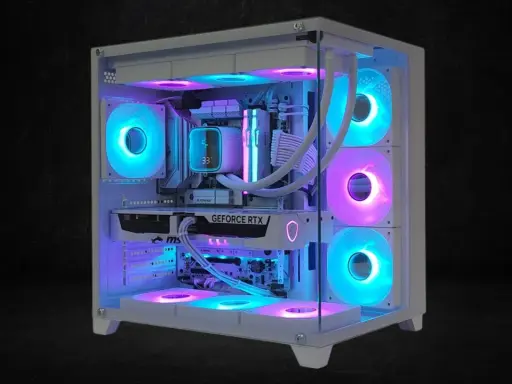 Leuchtender Gaming-PC mit RGB-Lüftern und GeForce RTX. Dieser PC ist definitiv ist mein PC Windows 11 tauglich.