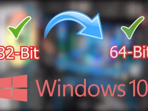 Windows 10: Von 32-Bit auf 64-Bit umsteigen. Ein Pfeil zeigt den Wechsel an, mit Häkchen für beide Optionen.
