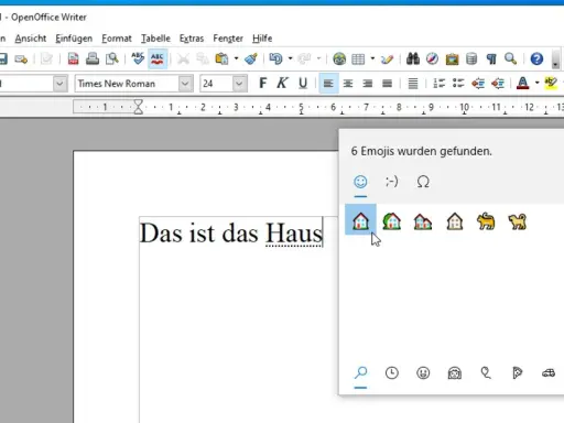 Fenster mit gefundenen Emojis, darunter Häuser und Hunde. Eine emoji tastenkombination wird hier gezeigt.