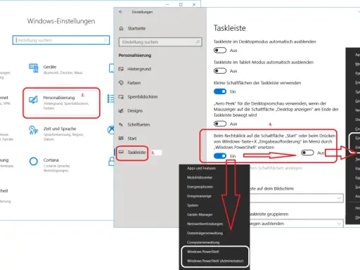 Windows-Einstellungen: Taskleiste. Rechtsklick auf "Start" oder Win+X ersetzt "Eingabeaufforderung" durch "Windows PowerShell (Administrator)".