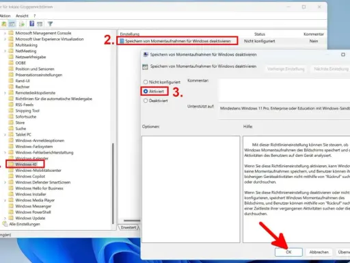 Windows 11 Recall deaktivieren: Richtlinie "Speichern von Momentaufnahmen für Windows deaktivieren" aktivieren.