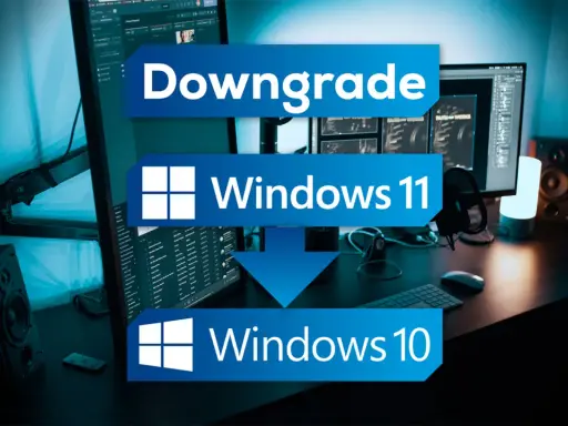 Anleitung: Downgrade von Windows 11 auf Windows 10. Ein Schreibtisch mit mehreren Monitoren und Lautsprechern.