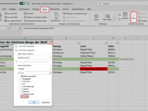 Excel-Tabelle mit gefilterten Daten, die leere Zellen in der Spalte "Höhe" hervorhebt. Die Funktion "Filter" ist aktiv.
