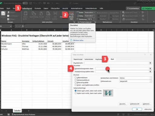Excel: Erste Zeile auf jeder Seite drucken. Klicke auf "Seitenlayout", dann "Drucktitel", um die Wiederholungszeilen oben festzulegen.
