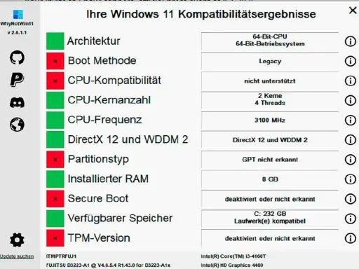 Windows 11 Kompatibilitätstest zeigt, dass die CPU (Intel Core i3-4160T) nicht vollständig unterstützt wird.