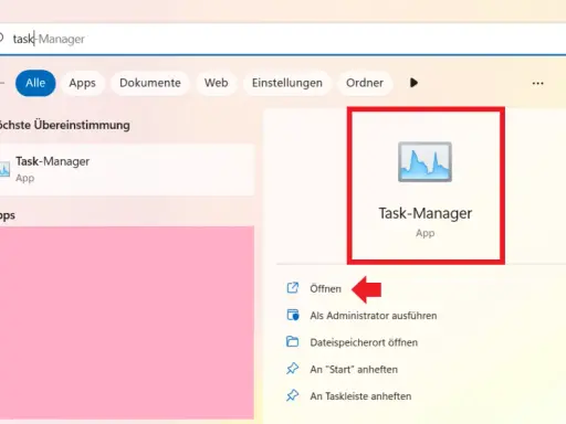 Windows 11 Suchleiste zeigt "Task-Manager" als höchste Übereinstimmung. Das Symbol und der Name sind hervorgehoben.
