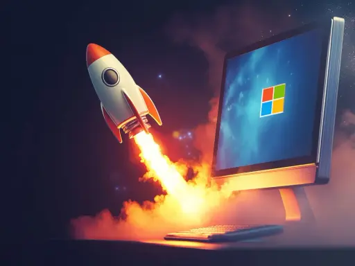 Rakete startet von einem Computerbildschirm mit Windows-Logo. Symbolisiert schnellen Windows Autostart.