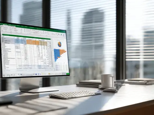 Ein Schreibtisch mit einem Monitor, auf dem eine Excel-Tabelle mit Diagrammen angezeigt wird. Hier kann man das excel vorzeichen umkehren, um Daten zu analysieren.