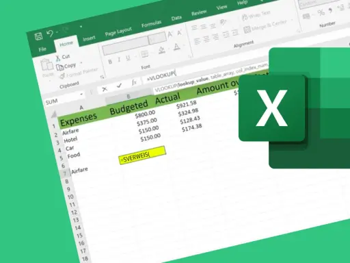 Excel-Tabelle mit Ausgaben und Budget. Eine Zelle zeigt die Formel "=SVERWEIS(" an, was auf einen sverweis datum-bezogenen Abruf hindeutet.