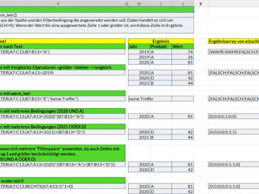 Excel-Tabelle zeigt die Anwendung der FILTER-Funktion mit verschiedenen Kriterien, z.B. Textfilter, Vergleichsoperatoren und mehreren Bedingungen.
