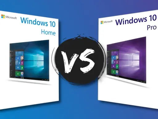 Vergleich: Windows 10 Home oder Pro. Zwei Boxen mit den Betriebssystemen, links Home, rechts Pro, mit einem VS-Symbol dazwischen.