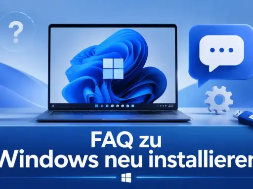 FAQ zu Windows neu installieren: Laptop mit Windows 11, USB-Stick und Chat-Symbol. Ideal für Fragen zu Windows 10 ARM.