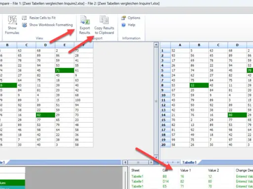 Zwei Excel-Spalten vergleichen: Unterschiede in Zellen B8, D14 und E5 werden hervorgehoben.