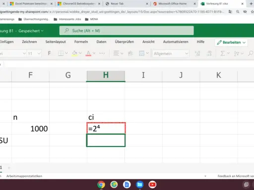 Excel-Tabelle zeigt die Berechnung von excel potenz: =2^4.