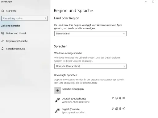 Windows-Einstellungen: Region und Sprache auf Deutsch umstellen. Das Land ist Deutschland, die Anzeigesprache ist Deutsch.