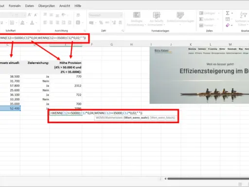 Excel-Formel mit verschachteltem WENN-Wahrheitstest zur Provisionsberechnung.