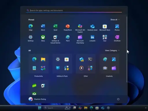 Das Windows 11 Startmenü zeigt angepinnte Apps wie Edge und Word, sowie Kategorien wie Produktivität und Kreativität.