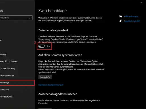 Windows-Einstellungen: Zwischenablage anzeigen. Der Verlauf ist deaktiviert.