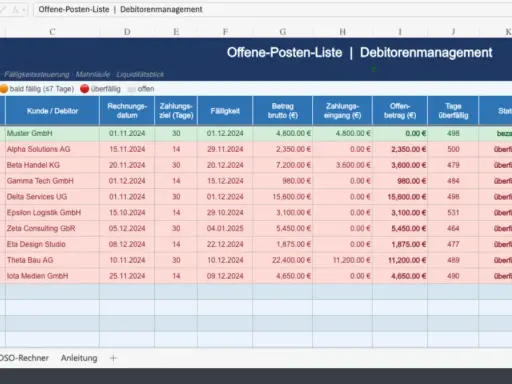 Offene-Posten-Liste in Excel zeigt überfällige Rechnungen, Kunden, Fälligkeitsdaten und Mahnstufen.