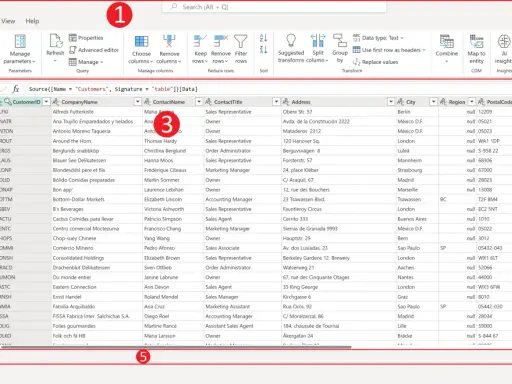Im Power Query Editor werden Kundendaten angezeigt, mit Spalten wie Firmenname und Stadt.