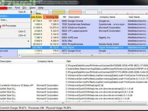 Process Explorer zeigt laufende Prozesse an. Das Menü "Datei" ist geöffnet und "Als Administrator ausführen" ist ausgewählt.
