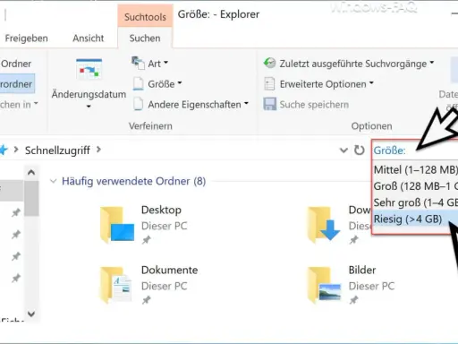 Der Windows Explorer zeigt die Suche nach "Riesig (>4 GB)" an. So kann man große Dateien finden.