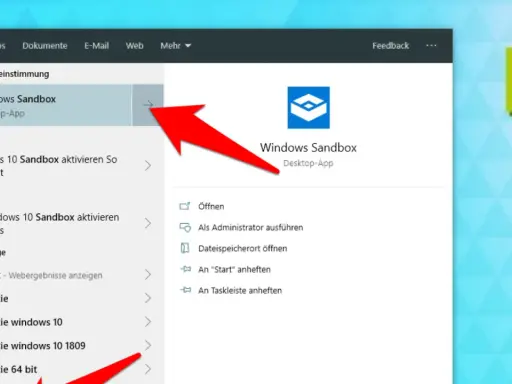 Roter Pfeil zeigt auf "Windows Sandbox" in der Suche. Die Windows 10 Sandbox ist eine Desktop-App für sicheres Testen.
