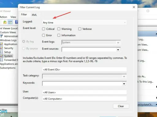Fenster zur Filterung von Windows-Protokollen. Hier werden Ereignisse nach Zeit, Ebene und Quelle gefiltert.