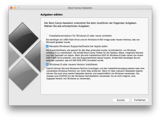 Boot Camp-Assistent: Windows 10 auf Mac installieren ohne Bootcamp. Optionen: Supportsoftware laden, Windows 8/neuer installieren.