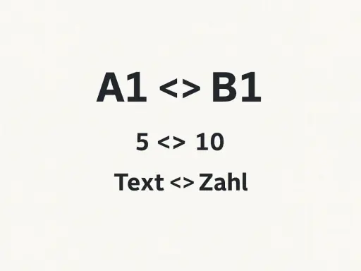 Excel-Beispiele: A1 ungleich B1, 5 ungleich 10, Text ungleich Zahl.