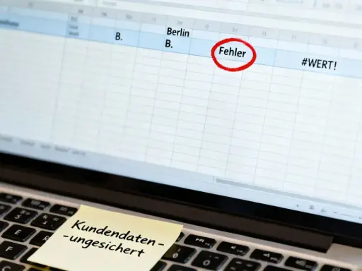 Laptop mit Excel-Tabelle, die einen Fehler markiert. Ein Haftnotiz warnt: "Kundendaten – ungesichert".