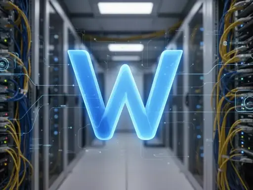 Ein leuchtendes "W" schwebt in einem Serverraum. Dies symbolisiert, was WebView2 ist: eine Technologie, die Web-Inhalte in Desktop-Anwendungen integriert.
